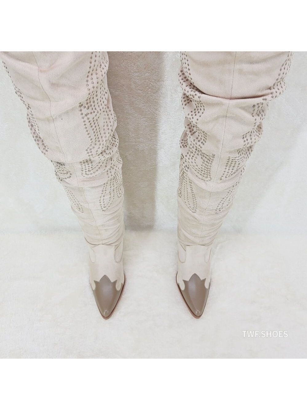 Iconic Western Thigh high Cowgirl Boots Cream - Picture 8 of 12